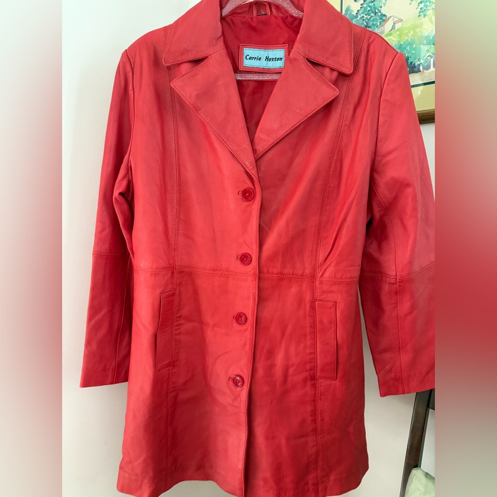 Carrie Hoxton Long Red Leather Coat. In Good Preloved Condition. Size US L UK 20